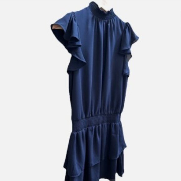 1. STATE Navy Blue Mock Neck Smocked Blouson Ruffle Mini Dress Women's Size XS - Picture 9 of 10